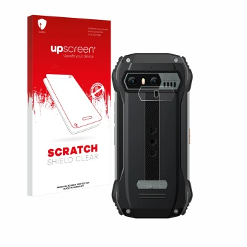 Parte frontal de un envase de producto con el logotipo de la marca upscreen. Al lado se muestra el dispositivo Blackview N6000