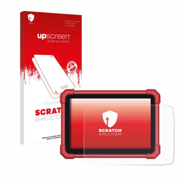 Parte frontal de un envase de producto con el logotipo de la marca upscreen. Al lado se muestra el dispositivo Launch X-431 Eu