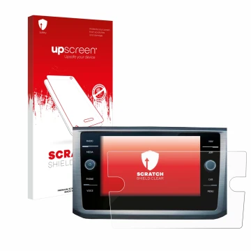 Parte frontal de un envase de producto con el logotipo de la marca upscreen. Al lado se muestra el dispositivo Volkswagen Pass