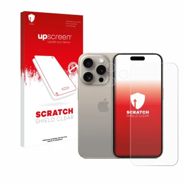 Parte frontal de un envase de producto con el logotipo de la marca upscreen. Al lado se muestra el dispositivo Apple iPhone 15