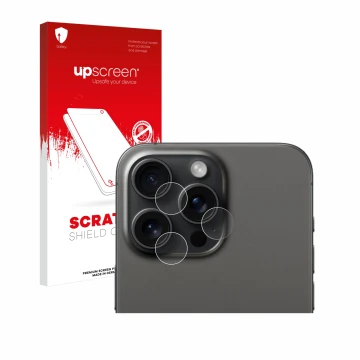 Parte frontal de un envase de producto con el logotipo de la marca upscreen. Al lado se muestra el dispositivo Apple iPhone 15