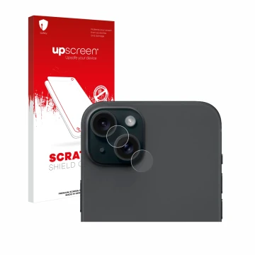 Parte frontal de un envase de producto con el logotipo de la marca upscreen. Al lado se muestra el dispositivo Apple iPhone 15