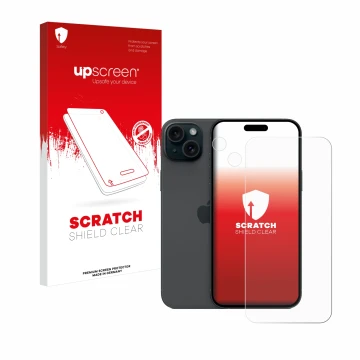 Parte frontal de un envase de producto con el logotipo de la marca upscreen. Al lado se muestra el dispositivo Apple iPhone 15