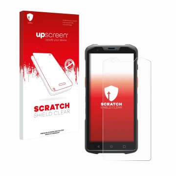Parte frontal de un envase de producto con el logotipo de la marca upscreen. Al lado se muestra el dispositivo Sunmi L2H con s