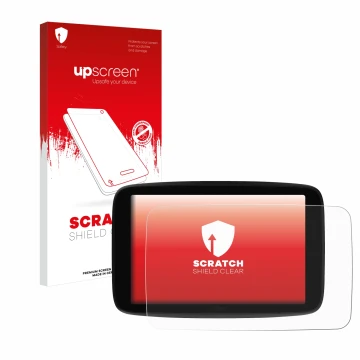 Parte frontal de un envase de producto con el logotipo de la marca upscreen. Al lado se muestra el dispositivo TomTom GO Super