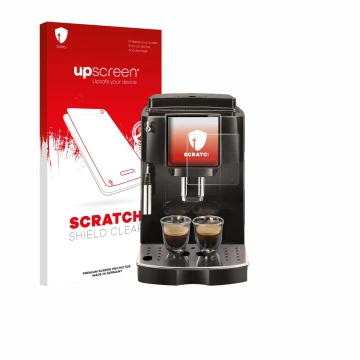 Parte frontal de un envase de producto con el logotipo de la marca upscreen. Al lado se muestra el dispositivo DeLonghi Magnif