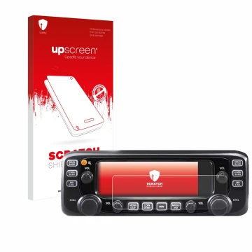Parte frontal de un envase de producto con el logotipo de la marca upscreen. Al lado se muestra el dispositivo Icom IC-2730E c