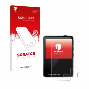 Parte frontal de un envase de producto con el logotipo de la marca upscreen. Al lado se muestra el dispositivo HifiWalker H2 t