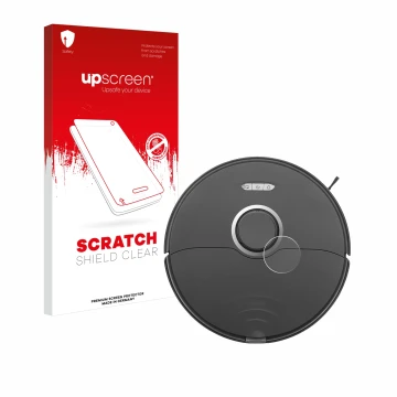Parte frontal de un envase de producto con el logotipo de la marca upscreen. Al lado se muestra el dispositivo Roborock S8 Lid