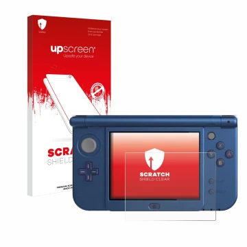 Parte frontal de un envase de producto con el logotipo de la marca upscreen. Al lado se muestra el dispositivo Nintendo New 3D