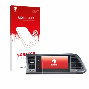 Parte frontal de un envase de producto con el logotipo de la marca upscreen. Al lado se muestra el dispositivo Seat Ateca Styl