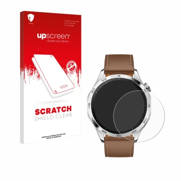 Parte frontal de un envase de producto con el logotipo de la marca upscreen. Al lado se muestra el dispositivo Huawei Watch GT