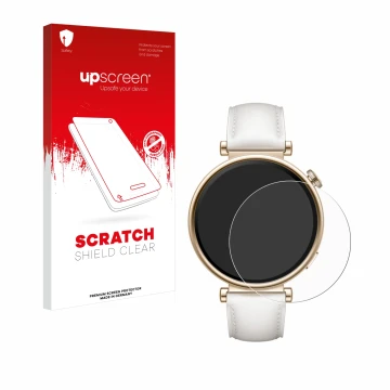 Parte frontal de un envase de producto con el logotipo de la marca upscreen. Al lado se muestra el dispositivo Huawei Watch GT