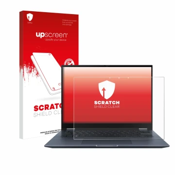 Parte frontal de un envase de producto con el logotipo de la marca upscreen. Al lado se muestra el dispositivo ASUS Vivobook S