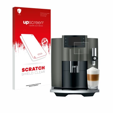 Parte frontal de un envase de producto con el logotipo de la marca upscreen. Al lado se muestra el dispositivo Jura E8 (EC) co