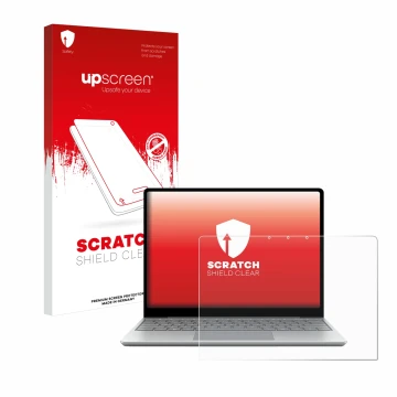 Parte frontal de un envase de producto con el logotipo de la marca upscreen. Al lado se muestra el dispositivo Microsoft Surfa