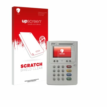 Parte frontal de un envase de producto con el logotipo de la marca upscreen. Al lado se muestra el dispositivo ingenico eHealt