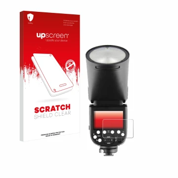 Parte frontal de un envase de producto con el logotipo de la marca upscreen. Al lado se muestra el dispositivo Godox V1 con su