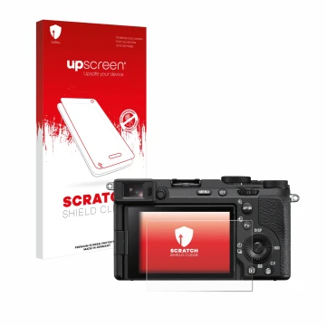 Parte frontal de un envase de producto con el logotipo de la marca upscreen. Al lado se muestra el dispositivo Sony Alpha 7CR 