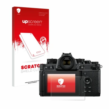 Parte frontal de un envase de producto con el logotipo de la marca upscreen. Al lado se muestra el dispositivo Nikon Z F con s
