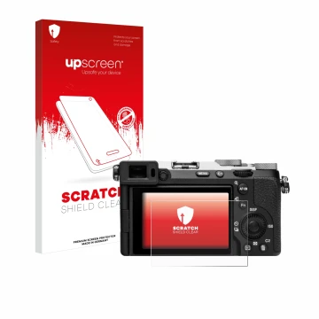 Parte frontal de un envase de producto con el logotipo de la marca upscreen. Al lado se muestra el dispositivo Sony Alpha 7C I