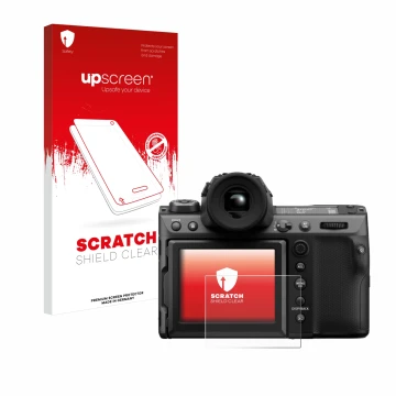 Parte frontal de un envase de producto con el logotipo de la marca upscreen. Al lado se muestra el dispositivo Fujifilm GFX100