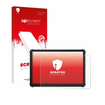 Parte frontal de un envase de producto con el logotipo de la marca upscreen. Al lado se muestra el dispositivo Oukitel RT7 Tit