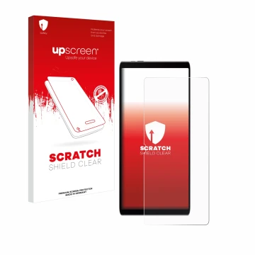 Parte frontal de un envase de producto con el logotipo de la marca upscreen. Al lado se muestra el dispositivo Samsung Galaxy 