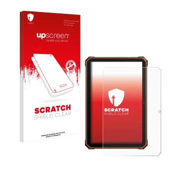 Parte frontal de un envase de producto con el logotipo de la marca upscreen. Al lado se muestra el dispositivo Blackview Activ