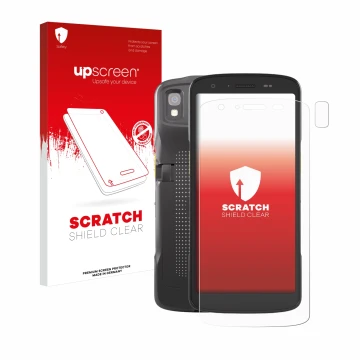 Parte frontal de un envase de producto con el logotipo de la marca upscreen. Al lado se muestra el dispositivo Zebra TC27 (Fro