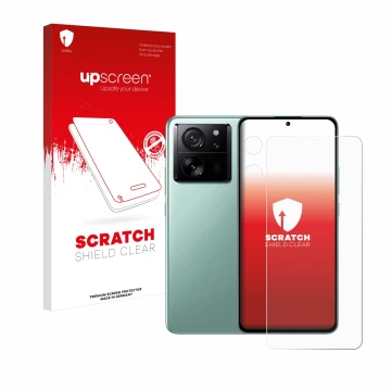 Parte frontal de un envase de producto con el logotipo de la marca upscreen. Al lado se muestra el dispositivo Xiaomi 13T Pro 