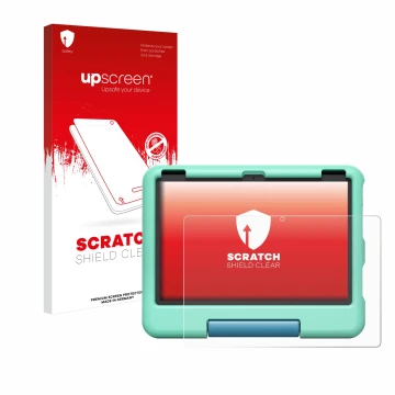 Parte frontal de un envase de producto con el logotipo de la marca upscreen. Al lado se muestra el dispositivo Amazon Fire HD 