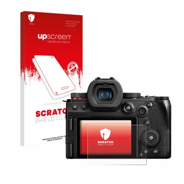 Parte frontal de un envase de producto con el logotipo de la marca upscreen. Al lado se muestra el dispositivo Panasonic Lumix