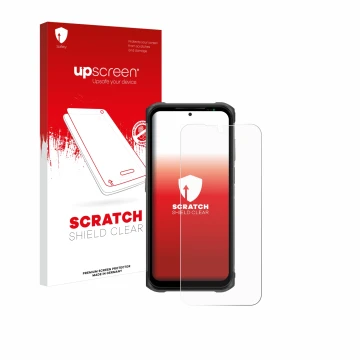 Parte frontal de un envase de producto con el logotipo de la marca upscreen. Al lado se muestra el dispositivo Ulefone Armor 1