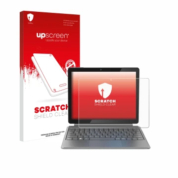 Parte frontal de un envase de producto con el logotipo de la marca upscreen. Al lado se muestra el dispositivo Alldocube iWork