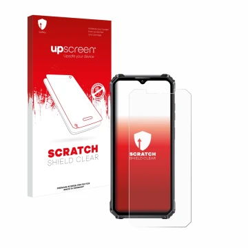 Parte frontal de un envase de producto con el logotipo de la marca upscreen. Al lado se muestra el dispositivo Oukitel WP28 co