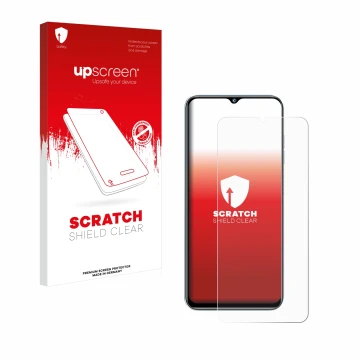 Parte frontal de un envase de producto con el logotipo de la marca upscreen. Al lado se muestra el dispositivo Oukitel C36 (20