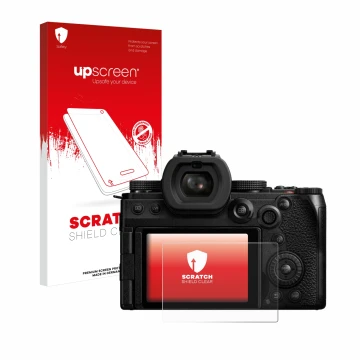 Parte frontal de un envase de producto con el logotipo de la marca upscreen. Al lado se muestra el dispositivo Panasonic Lumix