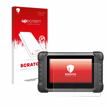 Parte frontal de un envase de producto con el logotipo de la marca upscreen. Al lado se muestra el dispositivo Autel MaxiCheck