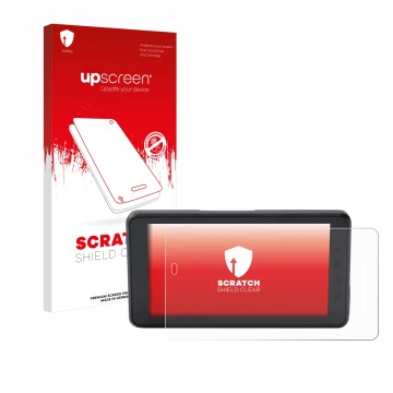 Parte frontal de un envase de producto con el logotipo de la marca upscreen. Al lado se muestra el dispositivo BMW ConnectedRi