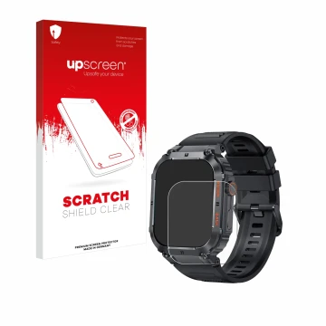 Parte frontal de un envase de producto con el logotipo de la marca upscreen. Al lado se muestra el dispositivo GaWear K57PRO 1
