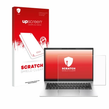 Parte frontal de un envase de producto con el logotipo de la marca upscreen. Al lado se muestra el dispositivo HP EliteBook 84