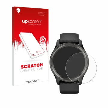 Parte frontal de un envase de producto con el logotipo de la marca upscreen. Al lado se muestra el dispositivo Garmin Vivomove
