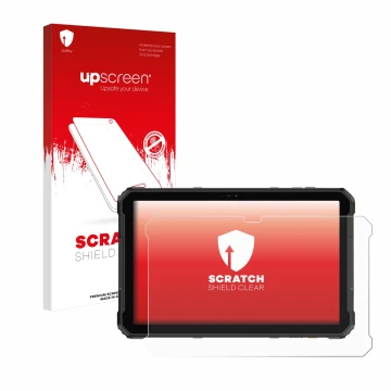 Parte frontal de un envase de producto con el logotipo de la marca upscreen. Al lado se muestra el dispositivo Ulefone Armor P