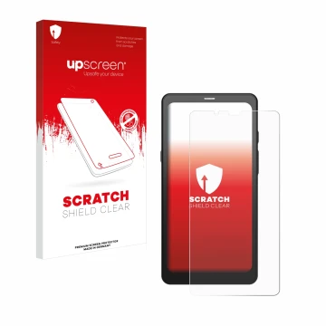Parte frontal de un envase de producto con el logotipo de la marca upscreen. Al lado se muestra el dispositivo Boox Palma con 
