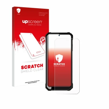 Parte frontal de un envase de producto con el logotipo de la marca upscreen. Al lado se muestra el dispositivo Oukitel WP23 co
