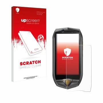 Parte frontal de un envase de producto con el logotipo de la marca upscreen. Al lado se muestra el dispositivo Oukitel K16 con