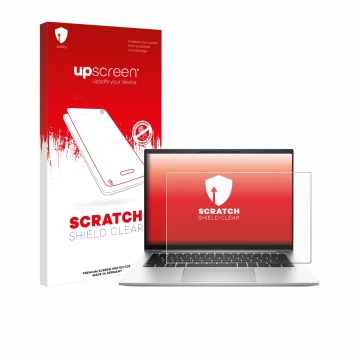 Parte frontal de un envase de producto con el logotipo de la marca upscreen. Al lado se muestra el dispositivo HP EliteBook 84