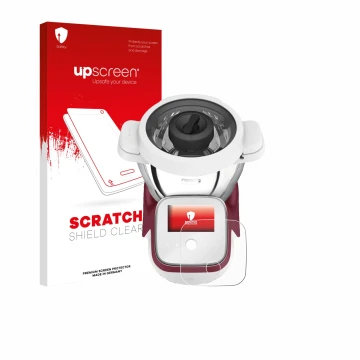 Parte frontal de un envase de producto con el logotipo de la marca upscreen. Al lado se muestra el dispositivo Moulinex i-Comp