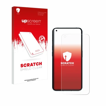 Parte frontal de un envase de producto con el logotipo de la marca upscreen. Al lado se muestra el dispositivo Nothing Phone (